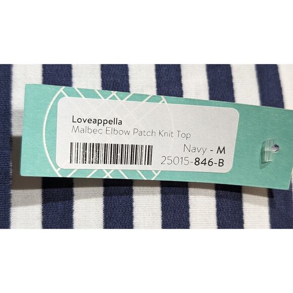 Loveappella Malbec Elbow Patch Blue Striped Knit Top Womens Sz M - Picture 4 of 12